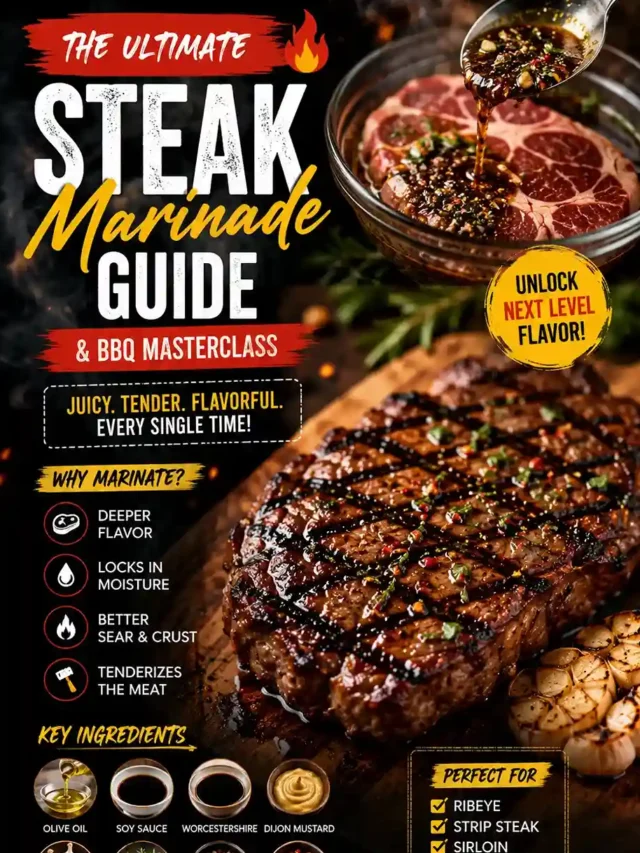 Juicy grilled steak with homemade steak marinade made from olive oil, soy sauce, Worcestershire sauce, garlic, rosemary, thyme, and Dijon mustard on a BBQ grill.