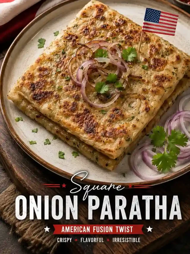 Crispy square onion paratha on a plate with a subtle American flag napkin for Web Story