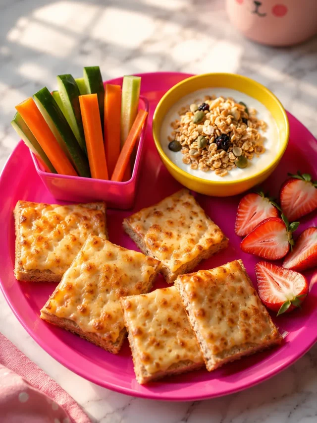 Vibrant kid-friendly breakfast plate with colorful fruits, toast, and yogurt on a bright table