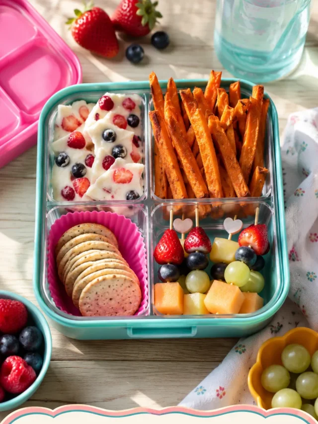 Healthy snacks for picky eaters arranged in a wooden bento box